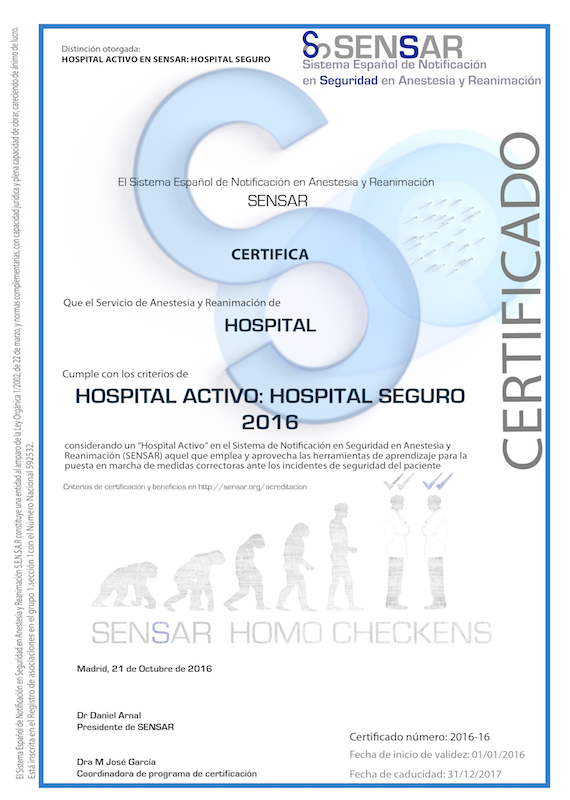 Acto de entrega de los diplomas distintivos de Hospital Activo SENSAR 2016