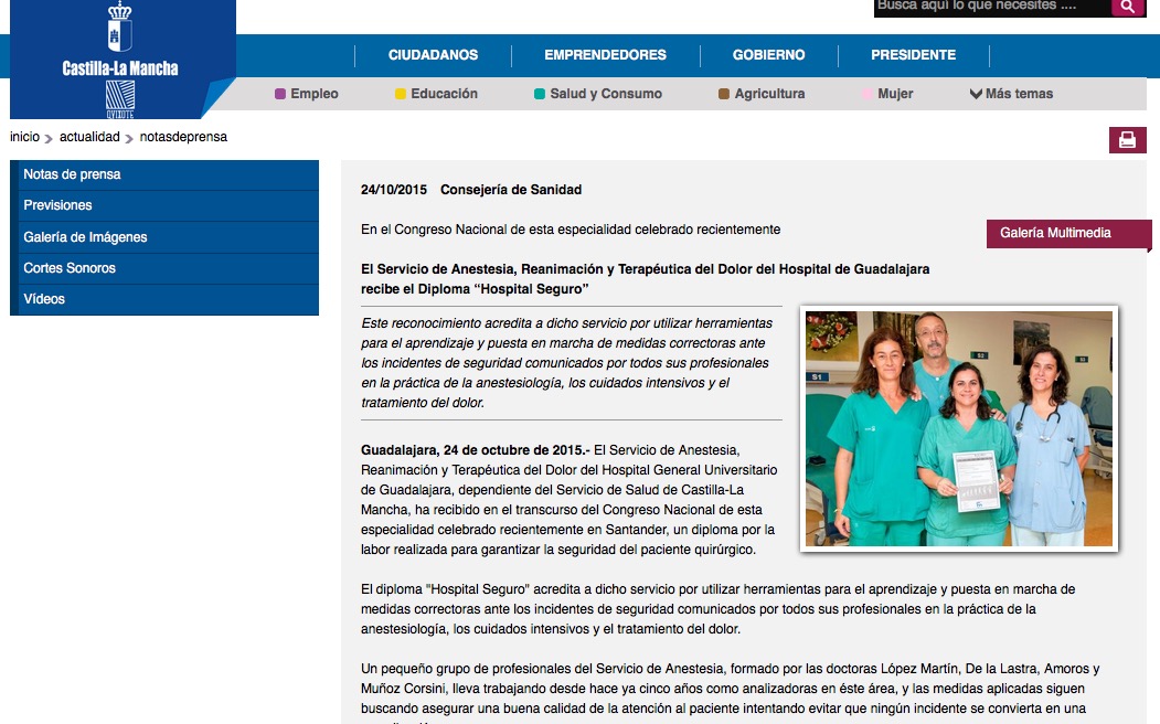 Anuncio en la web corporativa del SERCAM Hospital de Guadalajara acreditado como Hospital Seguro